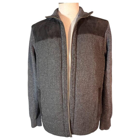 Banana Republic Mens Black Gray Wool Blend Full Zip Sweater Jacket Size L Suede - Picture 2 of 12